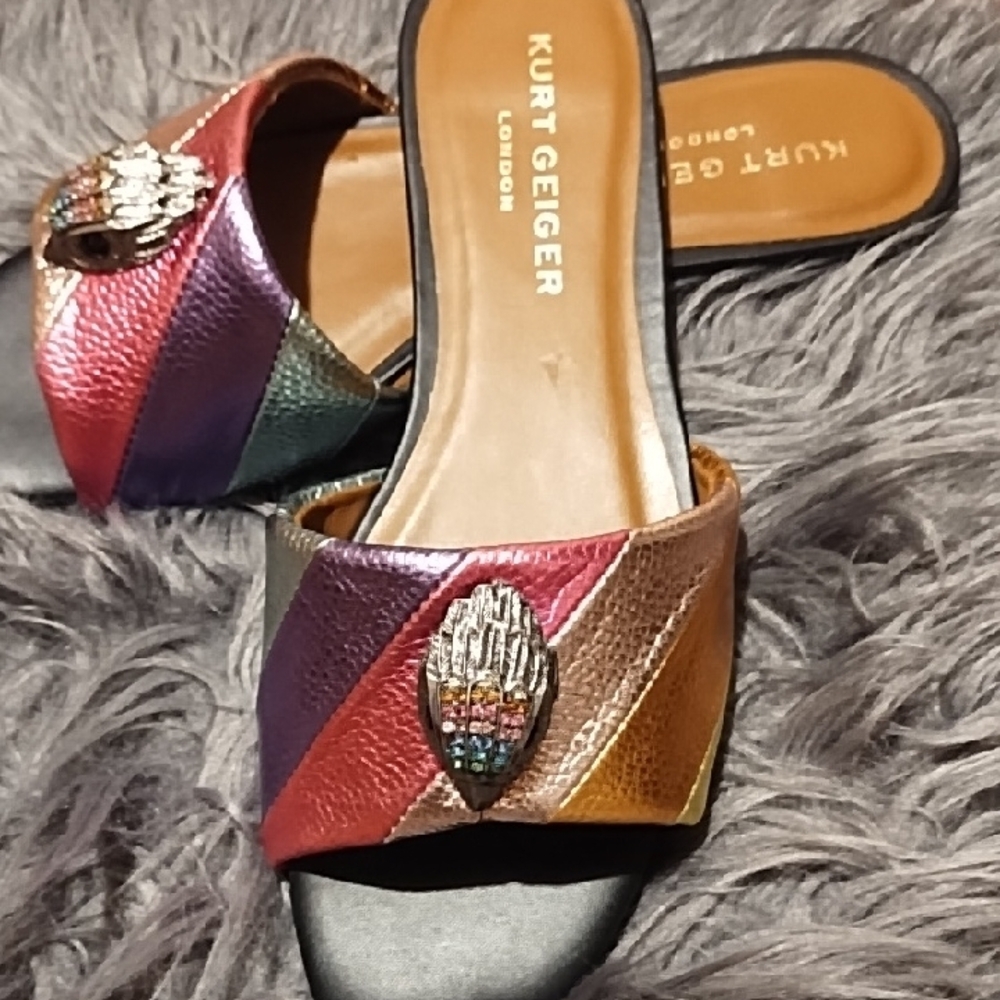Kurt Geiger Multicolor Metallic Leather Slide Mules with Jewel Accent - Picture 2 of 9